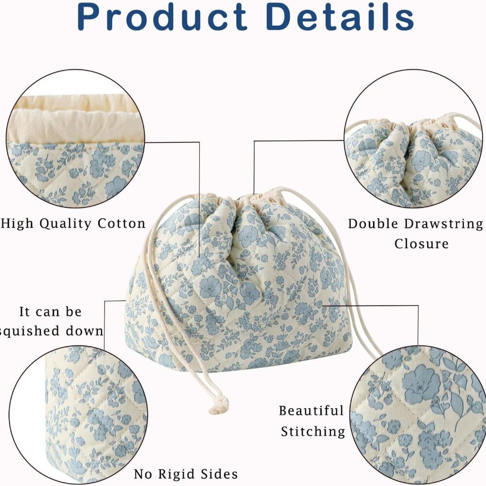 Cotton Makeup Bag Toiletry Bag Canvas Lining for Women and Girls Light Blue - Picture 5 of 6